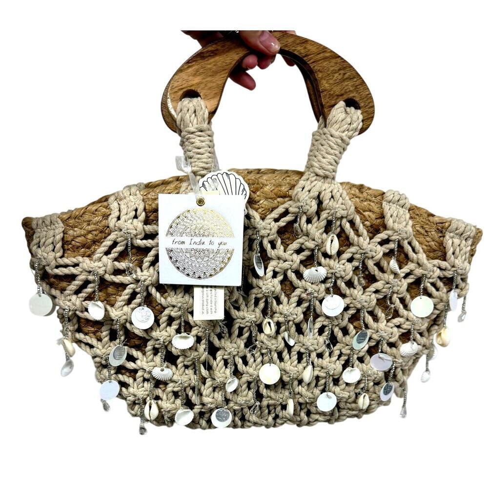 NWT Boho Macrame Tote Bag Seashell Jute Straw Purse Coastal Beach Festival
